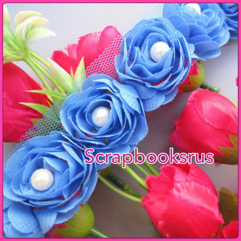 Blue Fabric Ribbon Roses Pearl @Scrapbooksrus