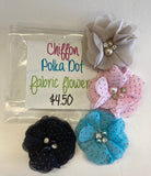 Chiffon POLKA DOT Fabric Flowers with Pearl & Rhinestone Centers 4pc
