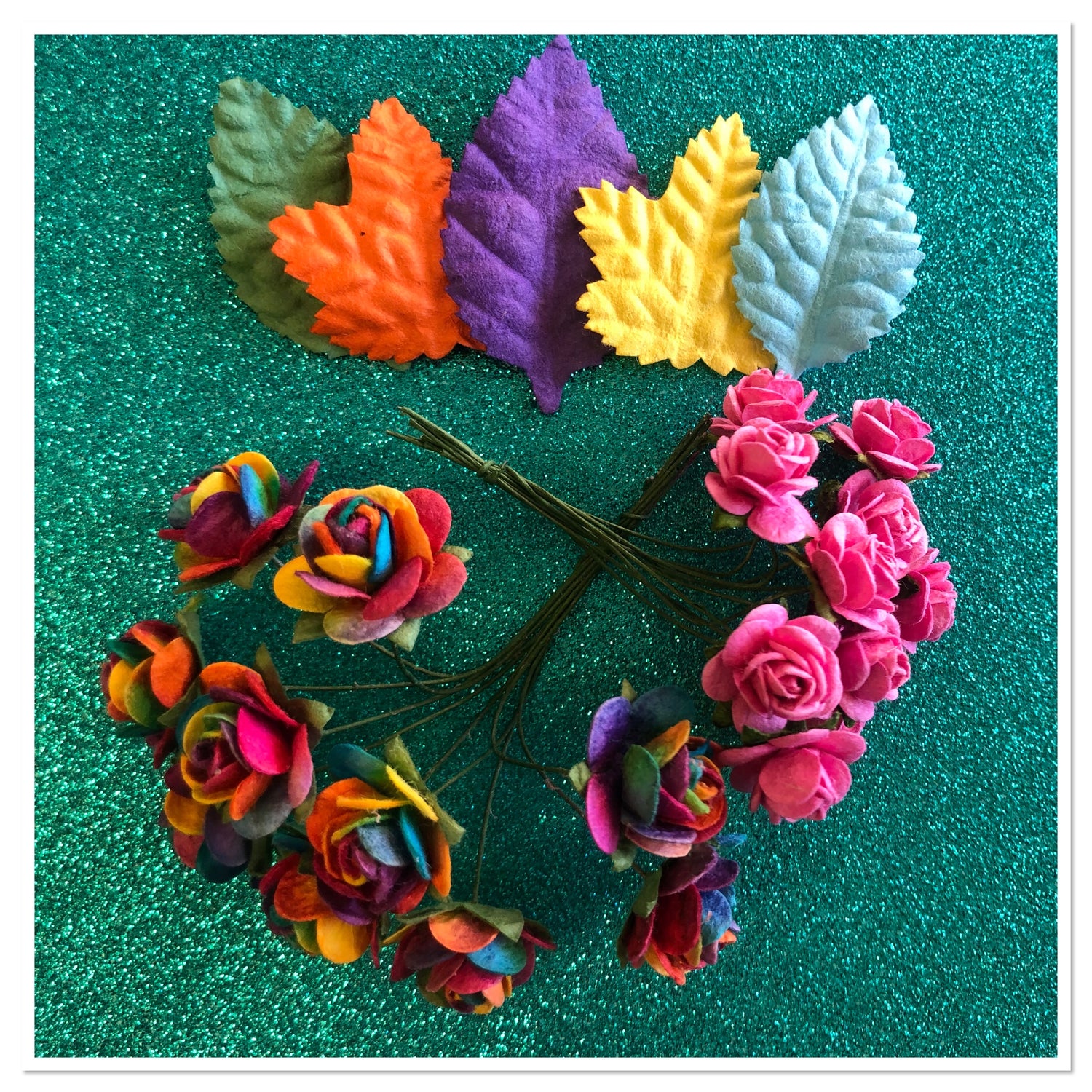 Rainbow Roses Mini Roses and Leaves 25 pc