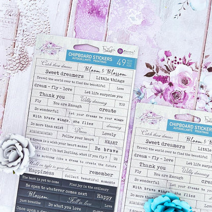 Prima Aquarelle Dreams CHIPBOARD STICKERS 49 pieces Words Phrases