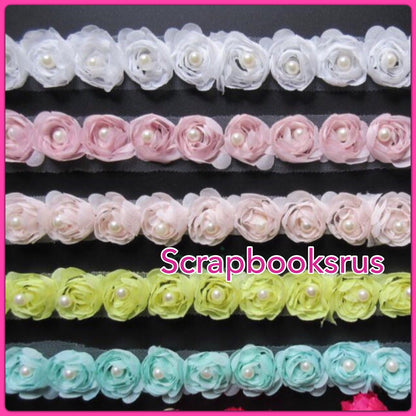 Fabric Ribbon Roses with Pearls @Scrapbooksrus Las Vegas