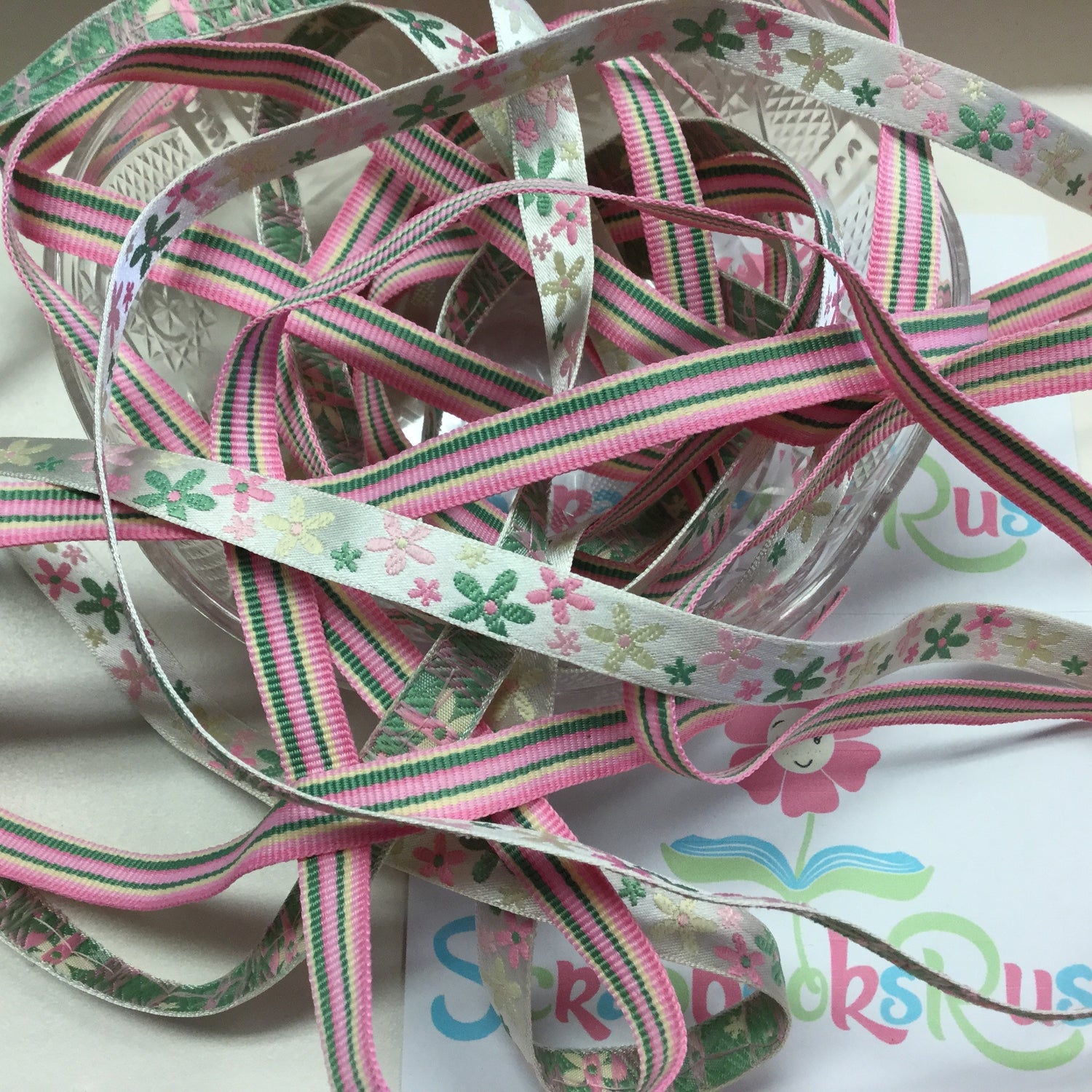 Pink Green Ribbon Set Grosgrain Ribbon 2 yards