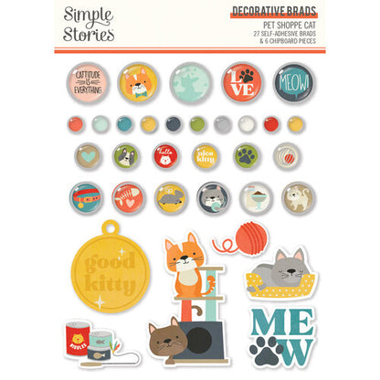 Simple Stories Pet Shoppe CAT  Decorative BRADS &amp; CHIPBOARD Pieces 27pc