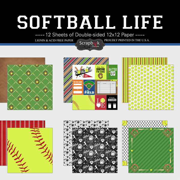 SOFTBALL LIFE Paper Set 12"X12" Scrapbook Paper 12 Sheets ScrapbooksRus