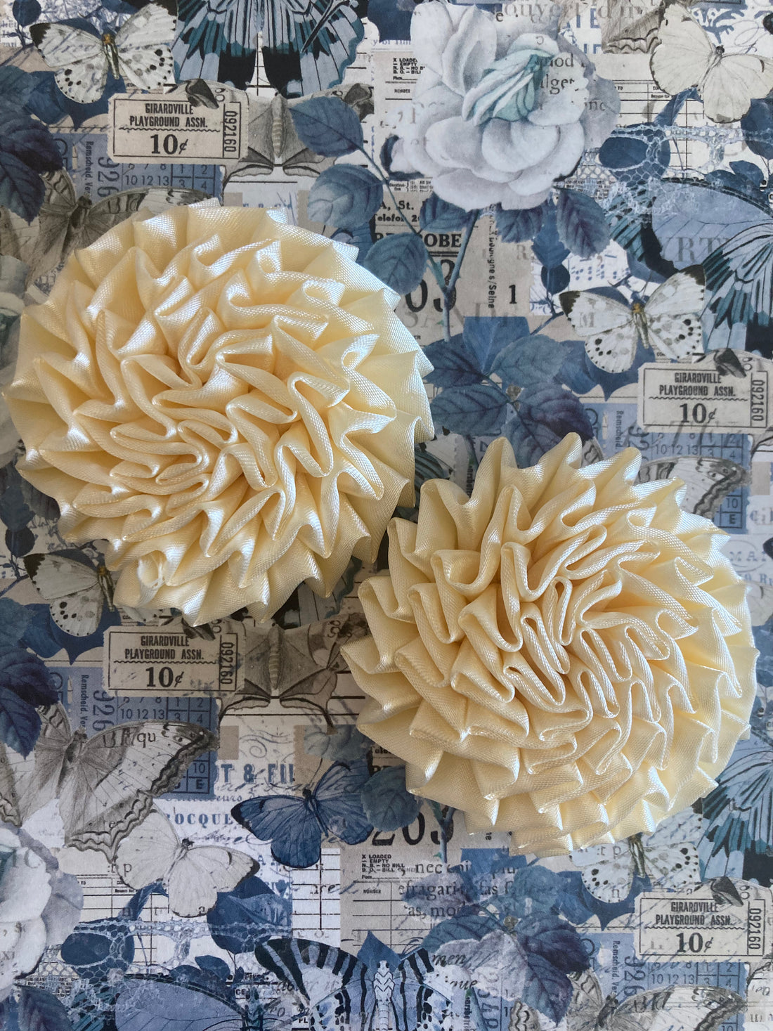 Large Satin CHAMPAGNE PLEATED Fabric Ribbon Flowers 2pc