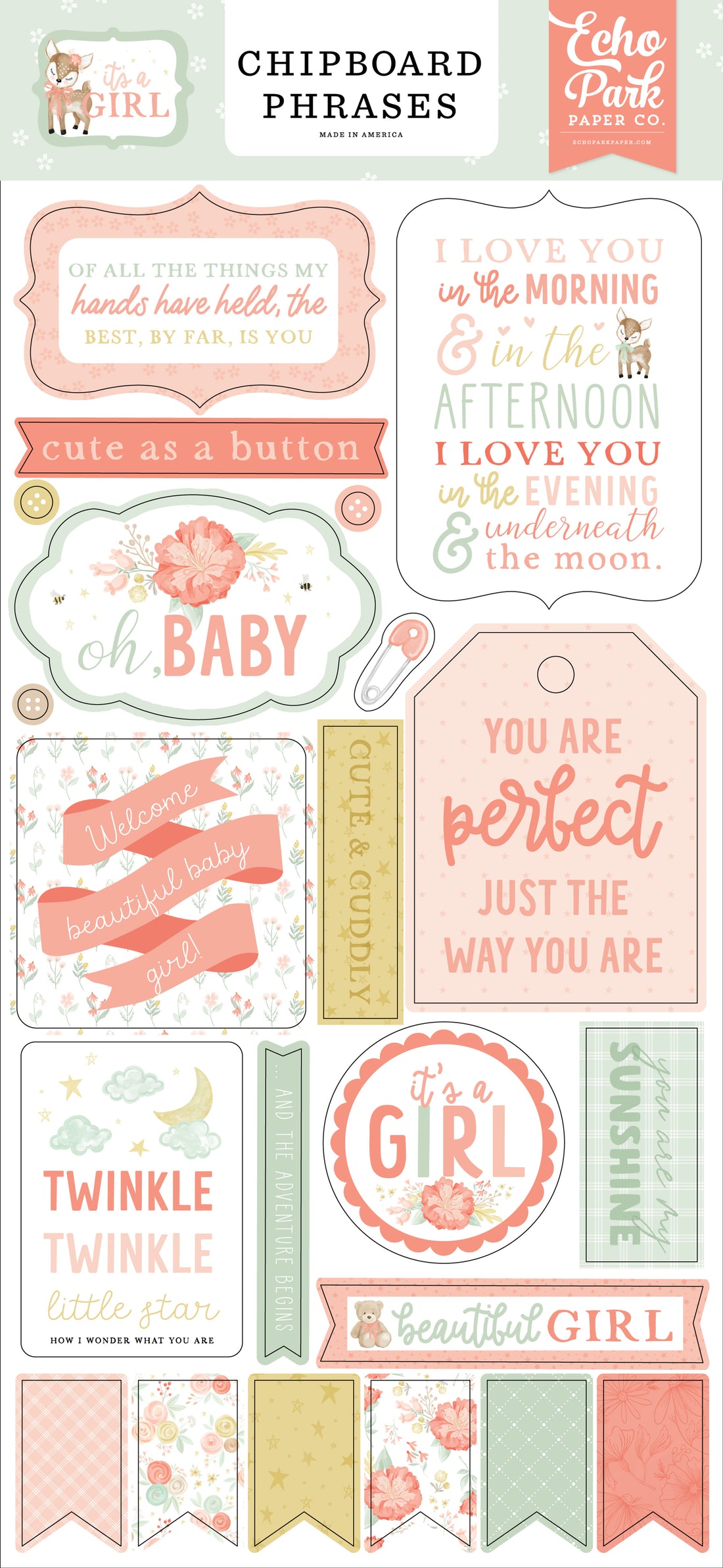 Echo Park IT’S A GIRL Chipboard Phrases 22pc Scrapbooksrus
