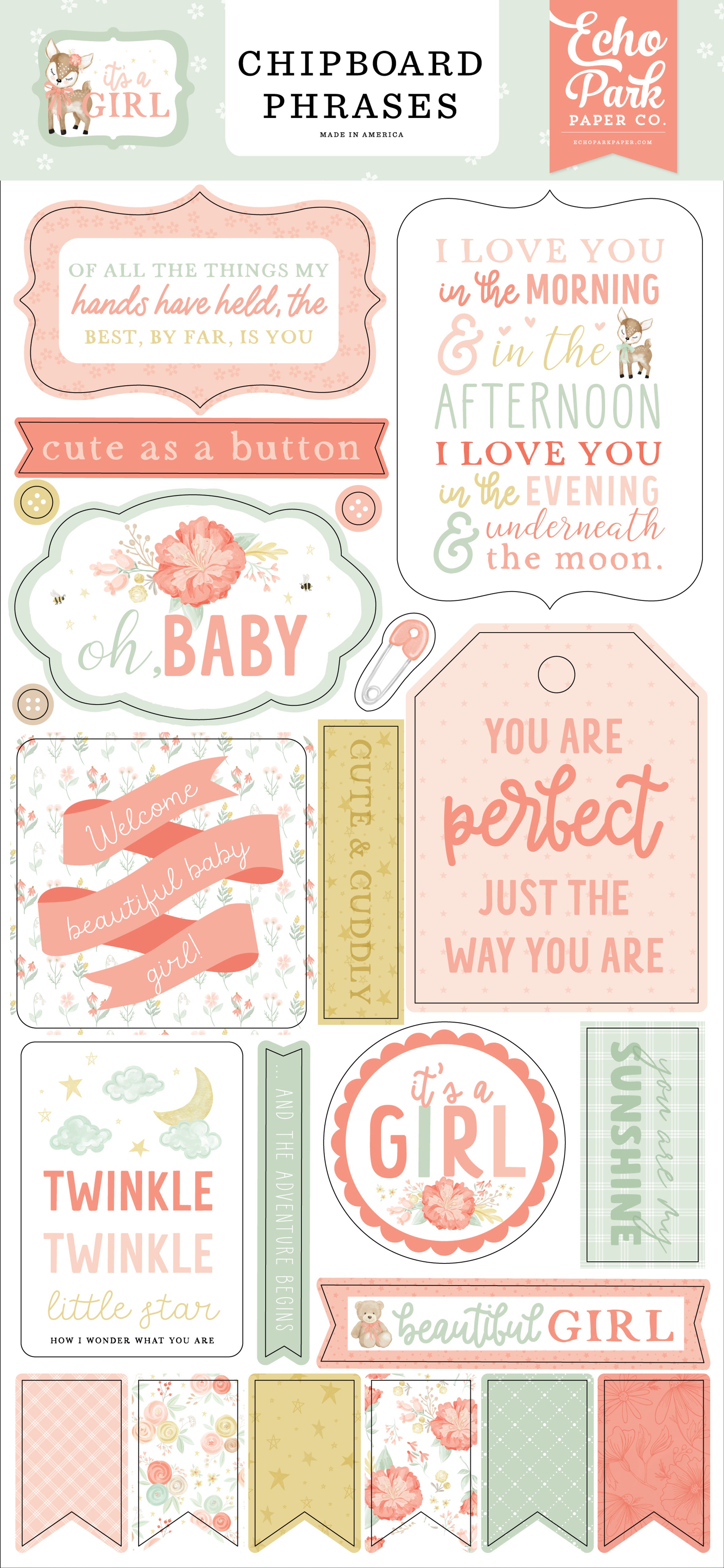 Echo Park IT’S A GIRL Chipboard Phrases 22pc Scrapbooksrus