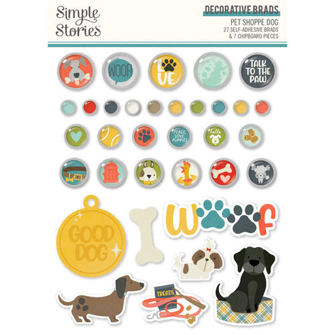 Simple Stories Pet Shoppe DOG Decorative BRADS & CHIPBOARD Pieces 27pc
