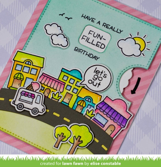 Lawn Fawn VILLAGE SHOPS REVEAL WHEEL Card Sample